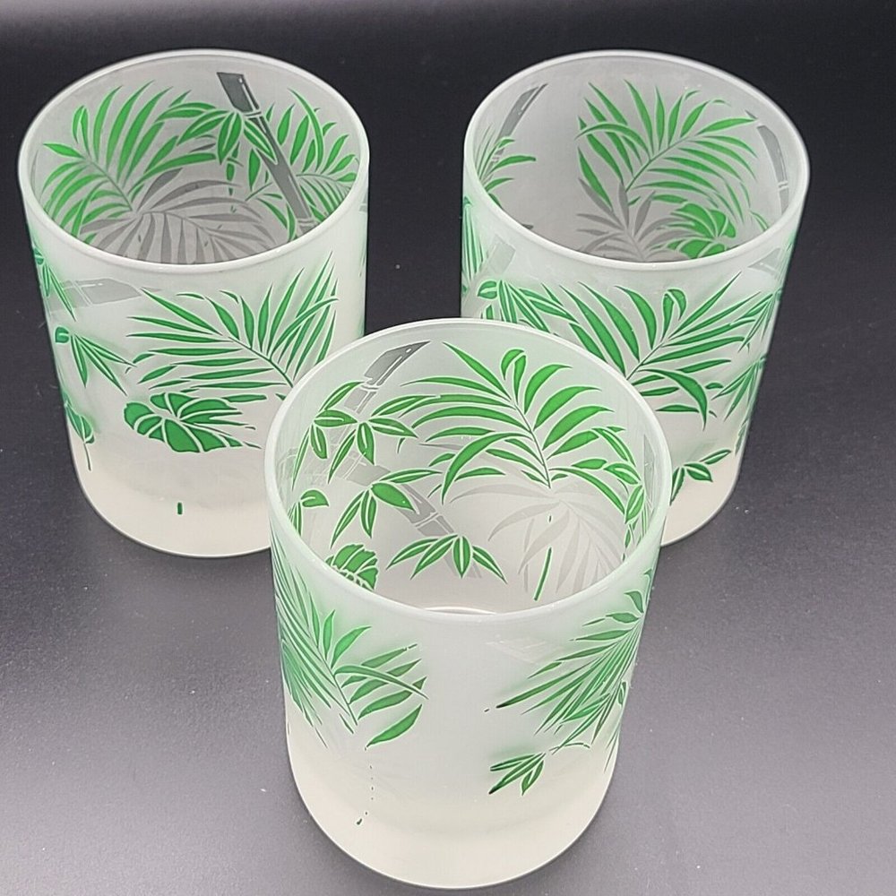 Tastesetter set (3) Bamboo Green Leaves Frosted Lowball Tumbler glasses vintage - Picture 6 of 7